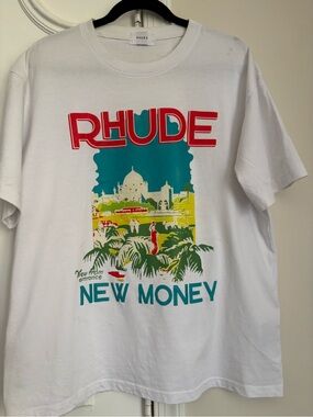 Rhude White Graphic 'New Money' Tee with Red & Teal Print